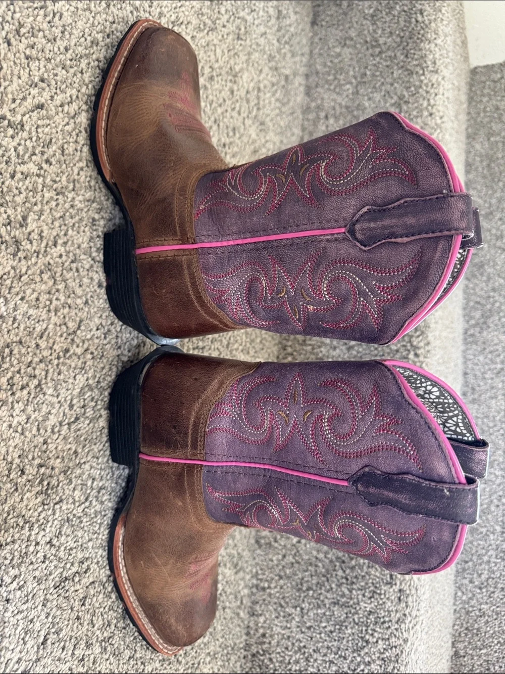 Dan Post Girls Brown Leather & Purple Shaft Cowboy Boots with Pink Trim - Picture 5 of 6